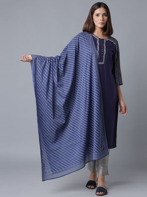 W Patriot Blue Cotton Printed Dupatta