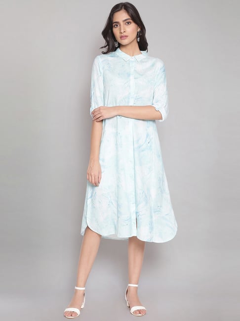 W Sky Blue Printed A-Line Dress Price in India