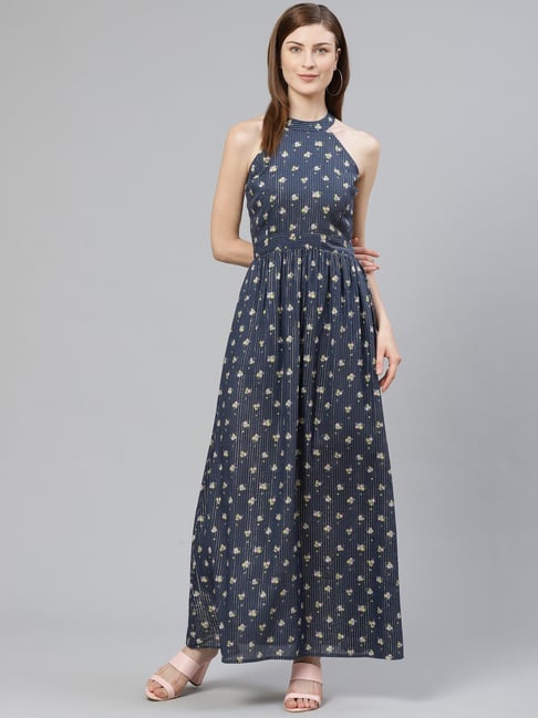 Orchid Blues Navy Cotton Printed A-Line Dress