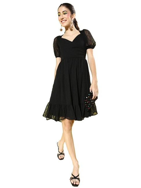 Sera Black Self Pattern A-Line Dress Price in India