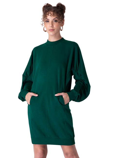 FabAlley Bottle Green Jersey High Neck Dress Price in India