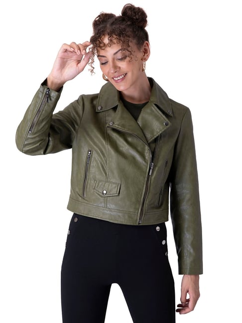 Women's Crop Leather Varsity Jacket [Green] – LeatherKloset