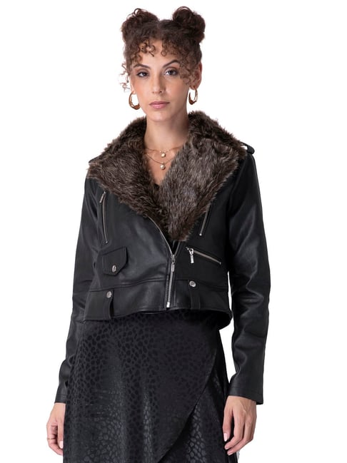 Leather jacket with fur collar and cuffs – Parinmi