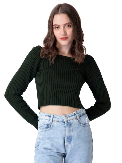 FabAlley Dark Green Square Neck Fitted Crop Sweater