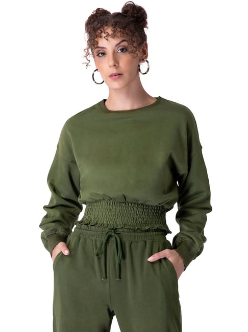 Buy FabAlley Olive Smocked Drop Shoulder Cropped Sweatshirt for