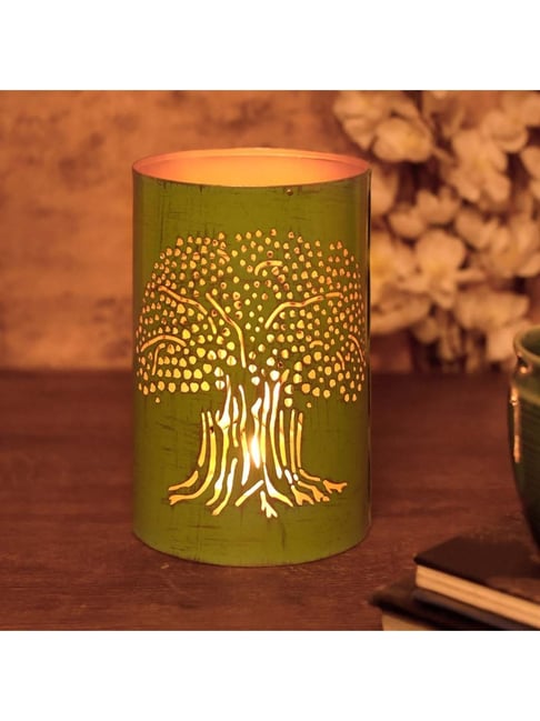 Unravel India Pastel Blue Metal Tree of Life Tea Light Holder - Set of 1