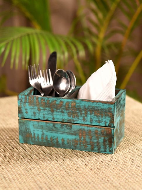 Unravel India Rustic Blue Mango Wood Cutlery Holder - Set of 1