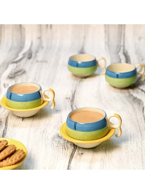 Unravel India Yellow Ceramic Cup And Saucer Set