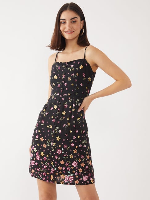 Zink London Black Floral Print Dress Price in India