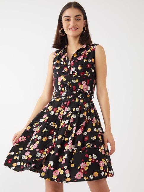 Zink London Black Floral Print Dress Price in India