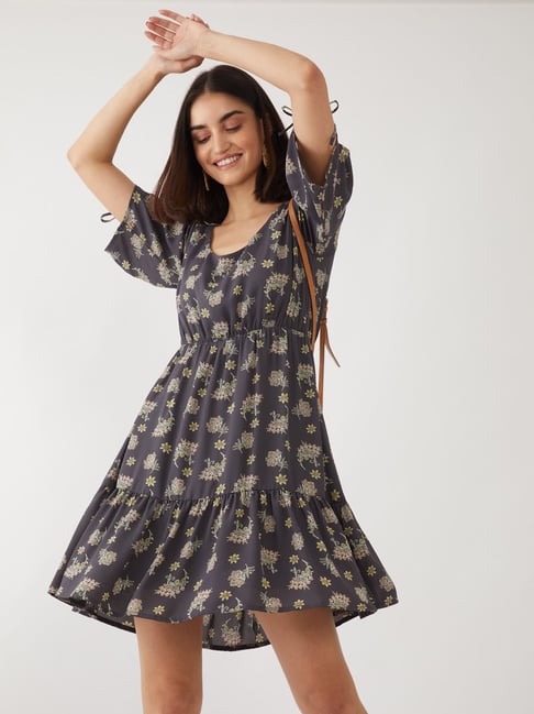 Zink London Grey Floral Print Dress Price in India