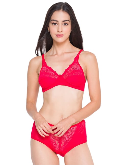 Odette Women Red Orange Comfortable Lace Bra And Panty Set