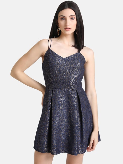 Kazo Blue Mini Embellished Skater Dress