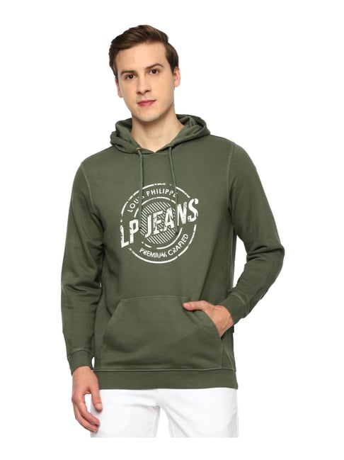 Louis Philippe Olive Green Cotton Regular Fit Logo Printed Hooded Sweatshirt-picture-12