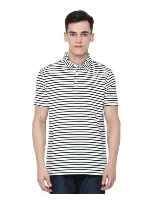 Buy Allen Solly White & Black Cotton Regular Fit Striped Polo T-Shirt ...