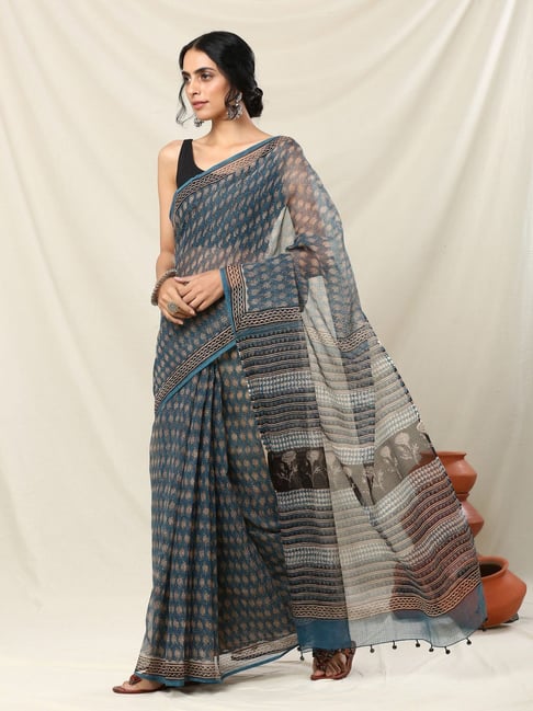 Okhai Grey Printed Saree Without Blouse Price in India