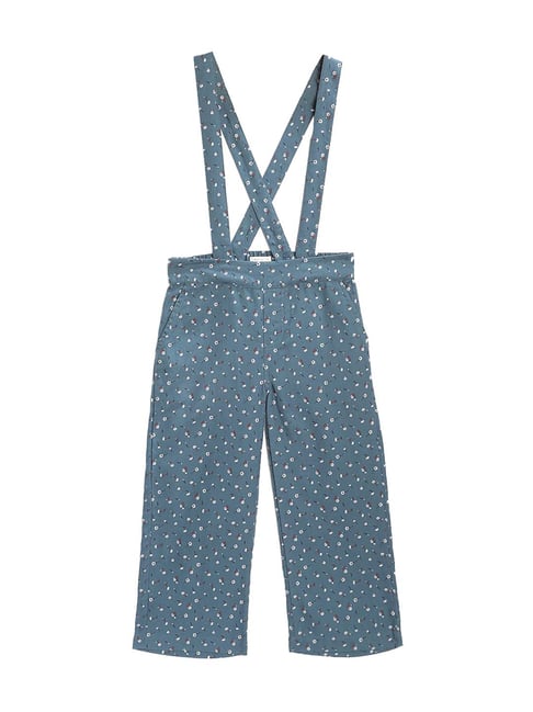 Cherry Crumble By Nitt Hyman Kids Teal Blue Cotton Printed Trouser With Suspenders