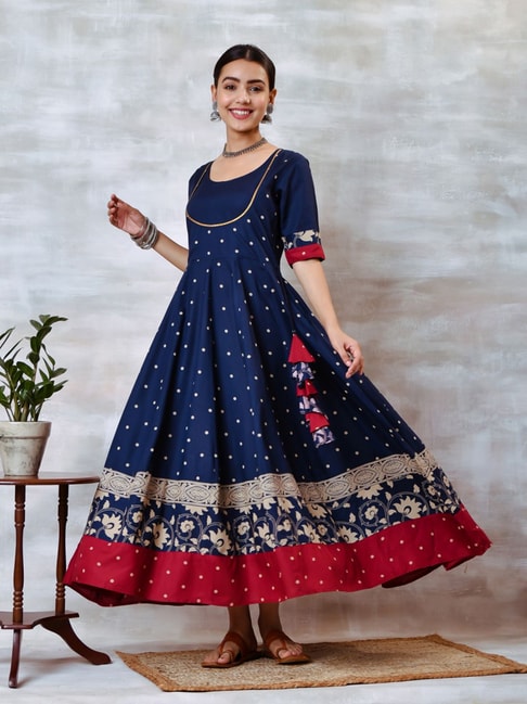 Rustorange Indigo & Red Polka Dots Maxi Dress Price in India