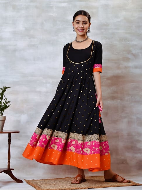 Rustorange Black & Orange Polka Dots Maxi Dress Price in India