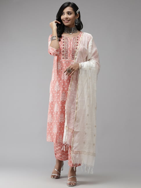 Anubhutee Pink Cotton Embroidered Kurta Pant Set With Dupatta Price in India