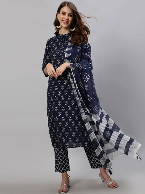 Anubhutee Navy Cotton Printed Kurta Pant Set With Dupatta
