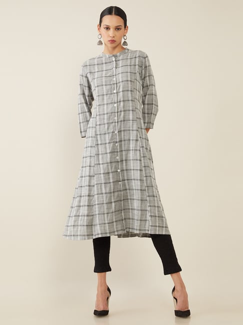 Soch Grey Cotton Chequered A Line Kurta Price in India