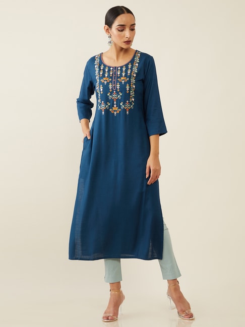 Soch Blue Embroidered Straight Kurta Price in India