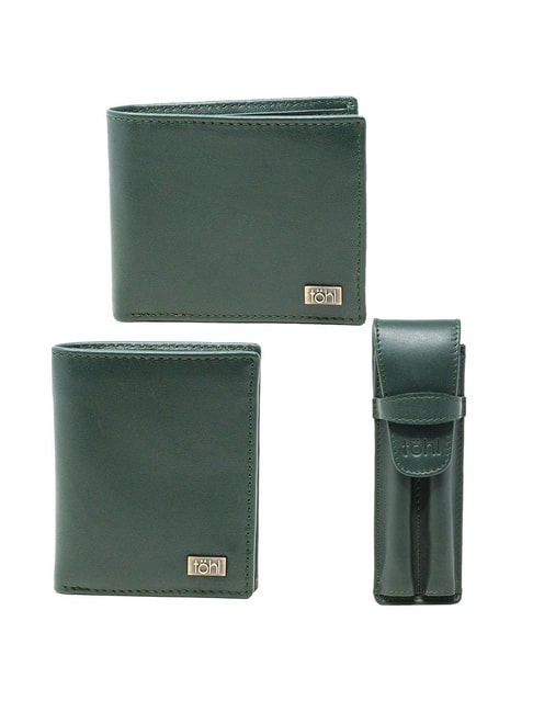 Tohl Matera Green Casual Leather Bi-Fold Wallets,Card Holder & Pen Holder Set for Men