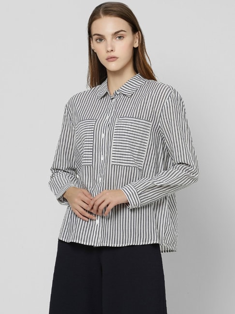 Vero Moda Grey & White Cotton Striped Shirt Price in India