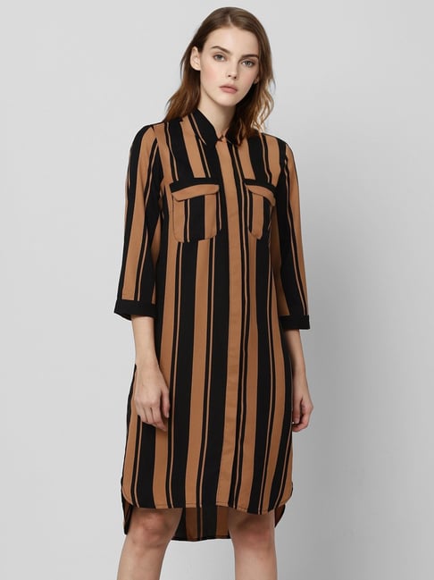 Vero Moda Black & Brown Striped Shirt Dress Price in India