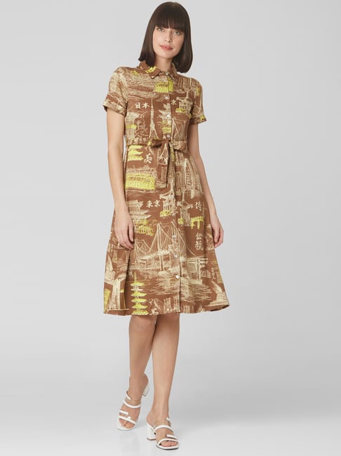 Vero Moda Brown & Green Printed A-Line Dress Price in India