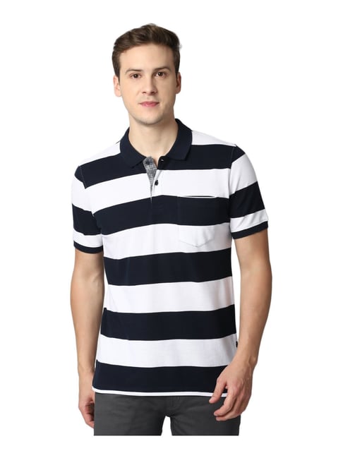 Peter England Black & White Regular Fit Striped Polo T-Shirt