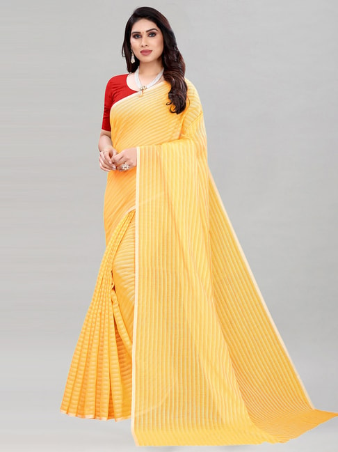 Satrani Light Yellow Striped Saree With Blouse Price in India