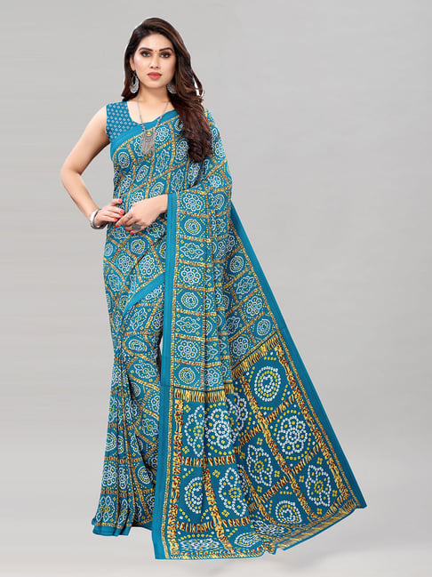 Satrani Teal Bandhani Saree With Blouse Price in India