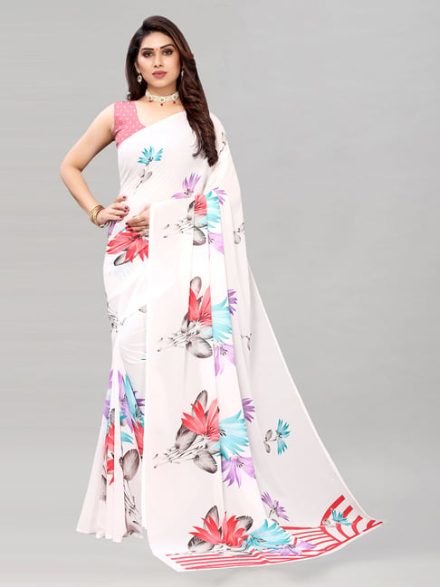 Satrani White Printed Saree With Blouse Price in India