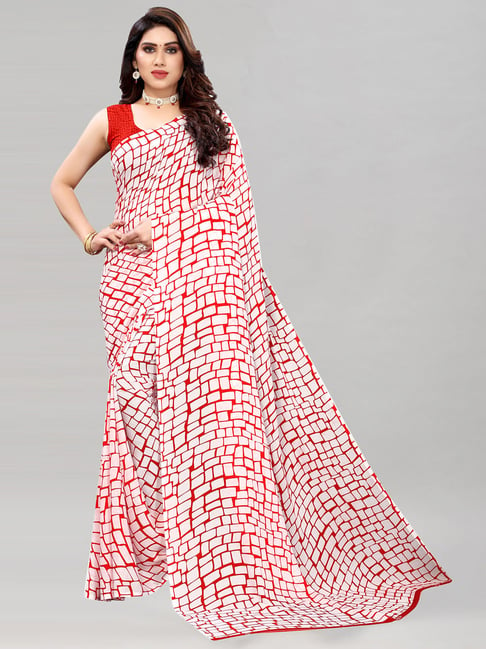 Satrani White & Red Printed Saree With Blouse Price in India