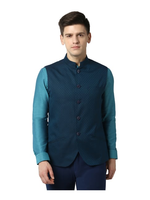 Peter England Elite Navy Regular Fit Self Pattern Nehru Jacket