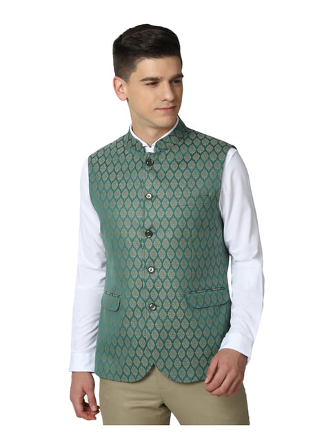 Peter England Elite Green Regular Fit Self Pattern Nehru Jacket