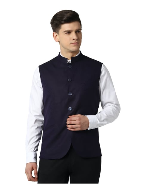 Peter England Elite Navy Regular Fit Self Pattern Nehru Jacket