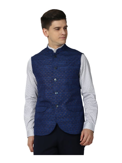 Peter England Elite Navy Regular Fit Self Pattern Nehru Jacket