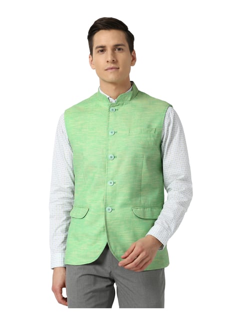 Peter England Elite Green Regular Fit Self Pattern Nehru Jacket