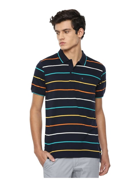 Van Heusen Sport Navy Cotton Regular Fit Striped Polo T-Shirt