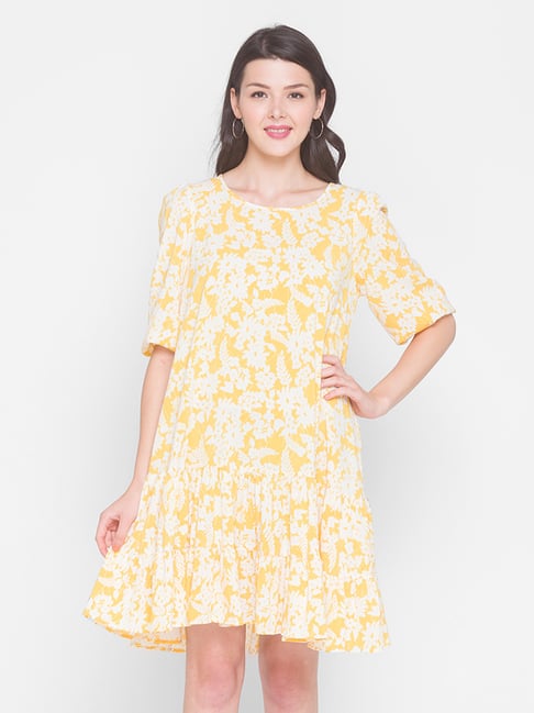 Terquois Yellow Printed Above Knee A-Line Dress Price in India