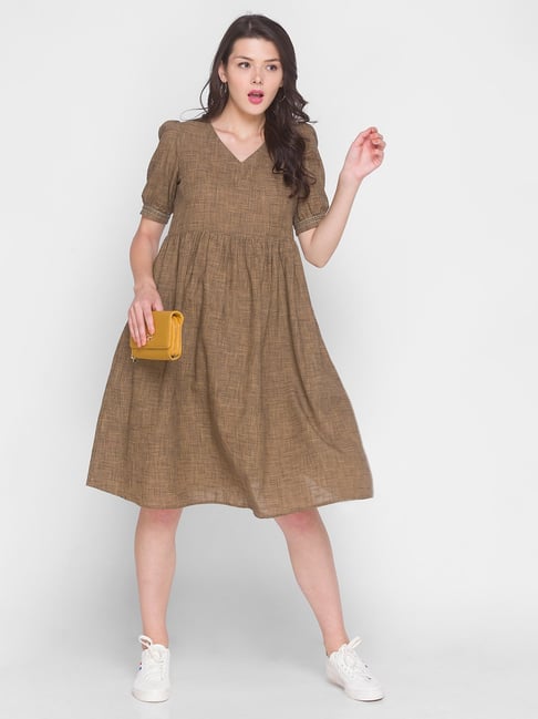 Terquois Brown Self Design Midi A-Line Dress