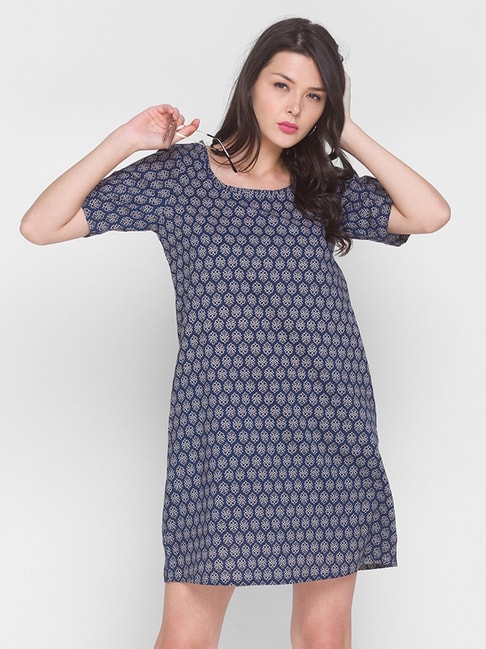 Terquois Blue Printed Mini Shift Dress Price in India