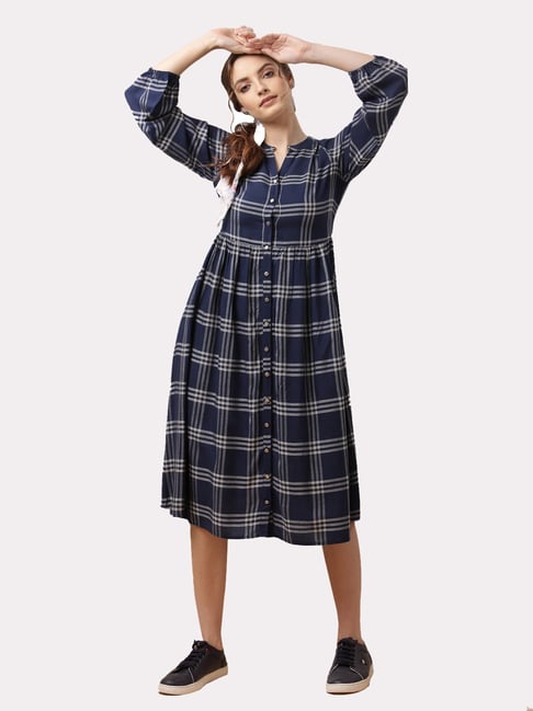 Terquois Navy Check Below Knee A-Line Dress Price in India