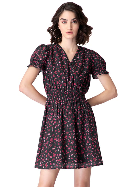 FabAlley Black Printed Skater Dress Price in India