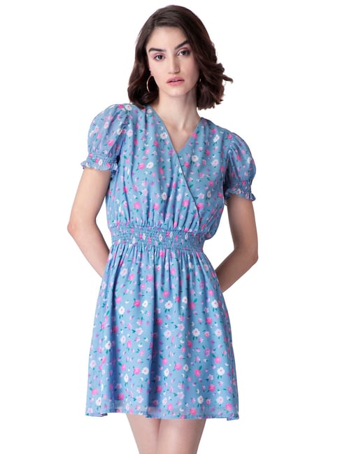 FabAlley Blue Printed Skater Dress Price in India