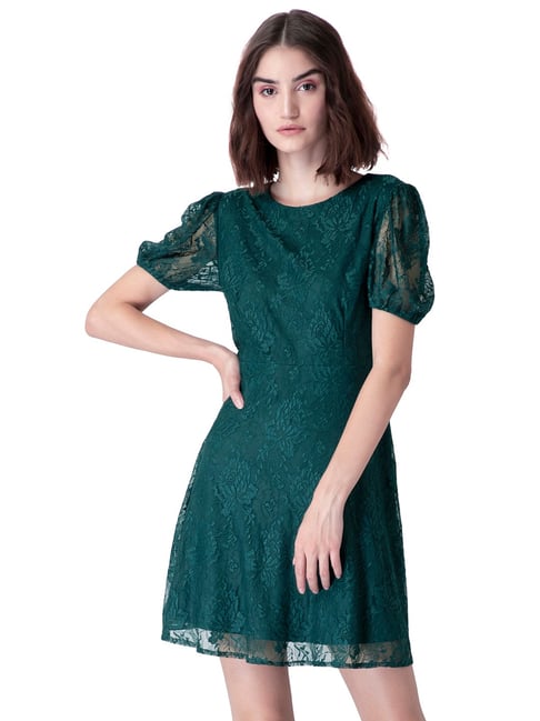 FabAlley Green Self Design Shift Dress Price in India