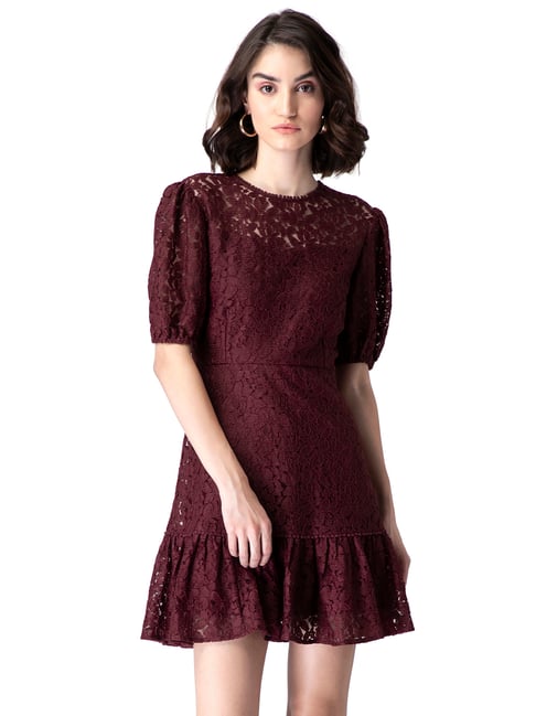 FabAlley Maroon Self Design Shift Dress Price in India